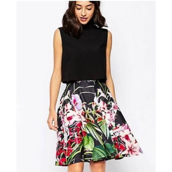 Ted Baker Hatley Floral Neoprene Skater Skirt Dark Lilly Print - Picture 1 of 8